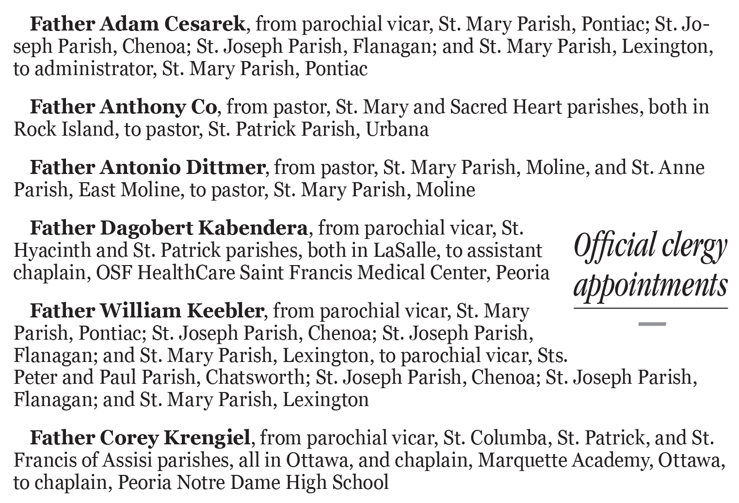 The Catholic Post 21 priests receive new assignments The Catholic Post