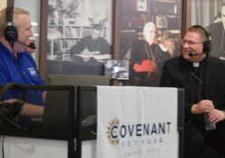 Bishop Louis Tylka is interviewed by Covenant Radio host Adam Wright, who broadcast live from the Fulton J. Sheen Museum May 8 in honor of Venerable Fulton Sheen's birthday. (The Catholic Post/Paul Thomas Moore)