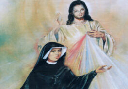 Polish Sister St. Faustina Kowalska is depicted with an image of Jesus Christ the Divine Mercy. (CNS photo/Nancy Wiechec)