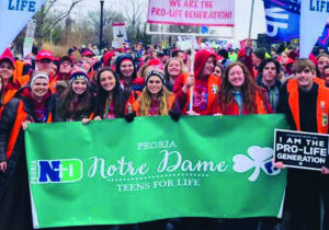 Students from Peoria Notre Dame High School are shown at the 2020 National March for Life in Washington, D.C. The COVID-19 surge led Bishop Daniel R. Jenky, CSC, to cancel diocesan high school participation in this year's march Jan. 21, but the pilgrims are now invited to a Mass and program in Peoria on the same day. (Provided photo)
