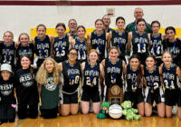The 8th grade girls basketball team from St. Patrick School in Washington is shown Dec. 14 with the IESA 8-1A state championship trophy. This team won the state 7th grade title a year ago and has a two-season record of 54 wins and no losses. (Provided photo)