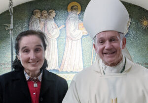 Bishop Thomas J. Paprocki of Springfield, Ill., is pictured on April 29 with Dr. Gianna Emanuela Molla, the daughter of Italian saint, St. Gianna Beretta Molla. (CNS/courtesy Diocese of Springfield