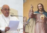 Pope Francis speaks at the general audience in St. Peter's Square on Oct. 23, 2024. An altar painting of the Sacred Heart of Jesus by Francesco de Rhoden hangs inside the Basilica of the Sacred Heart of Jesus in Rome, Italy. (Daniel Ibáñez/Catholic News Agency [left panel]; CNA file photo [right panel])